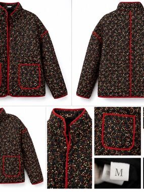 XOXO Vintage Black Quilted Floral Jacket with Red Piping Size M